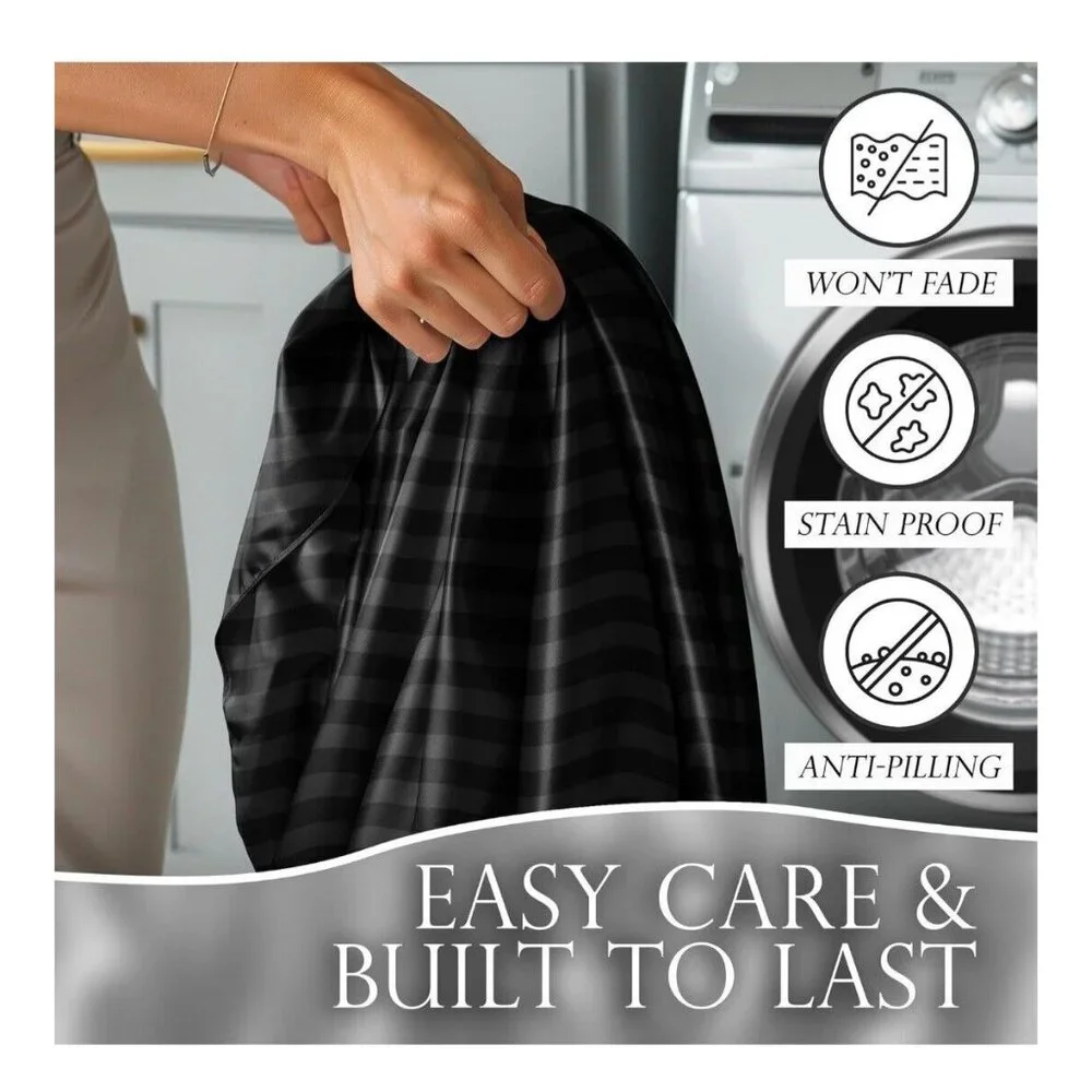 Luxury Satin Sheet Set‎ Twin Black Stripped With Pillowcases Deep Pocket